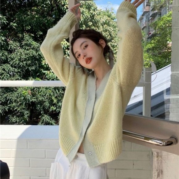 SOLD YesStyle V-Neck Two-Tone Green Knit Button-Up Trendy Cardigan - Picture 5 of 16